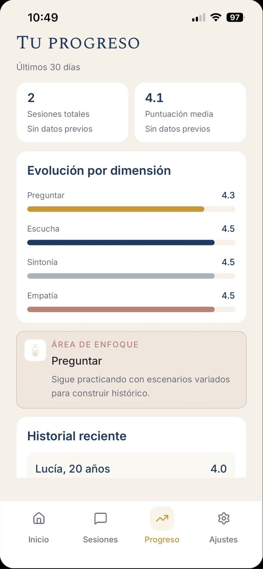 Pantalla de progreso por dimensión
